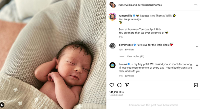 Nagyszülő lett Bruce Willis és Demi Moore! Megszületett Rumer Willis kislánya - Fotót is mutatott a csöppségről